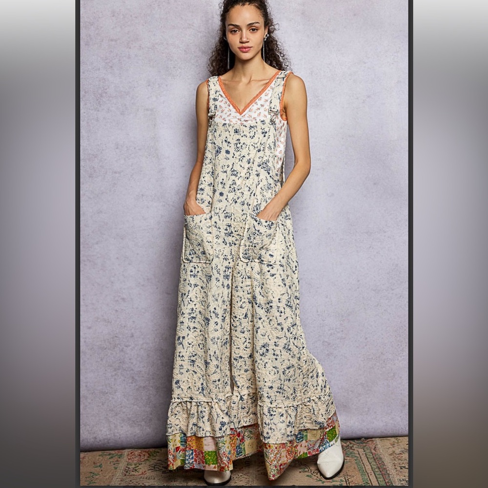 NWOT POL Floral Cream Overalls with Blue Print and Orange Trim